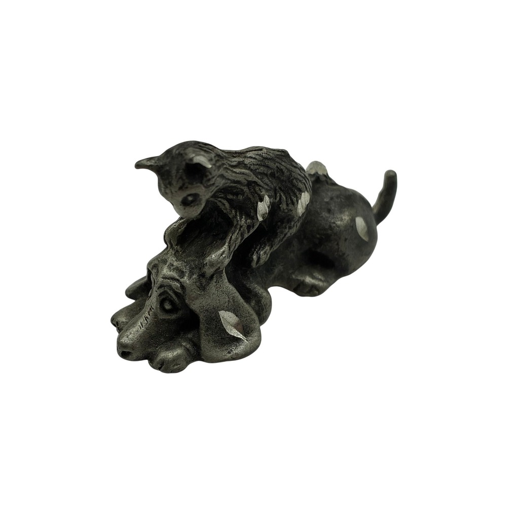 Vintage Pewter Miniature Cat on Basset Hound Dog Figurine Diamond Cut Accents